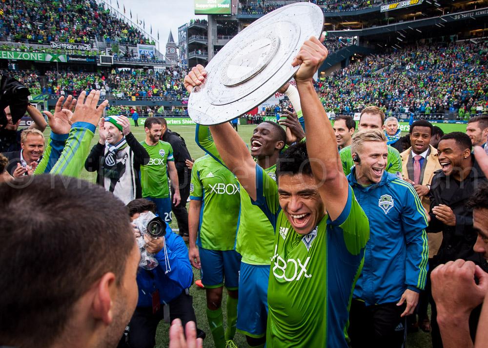 Sounders celebrate with the Supporters' Shield.