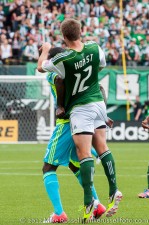 Sounders v Timbers: Eddie Johnson tries to keep Horst on the ground